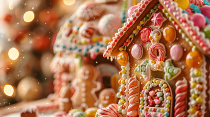 Gingerbread house adorned with vibrant candy in front of twinkling christmas tree lights
