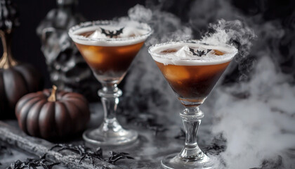 Two Spooky Cocktails with Bats and Dry Ice Smoke