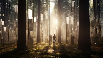 Mystical Forest Installation: Sunlight and Reflections in a Dreamlike Landscape
