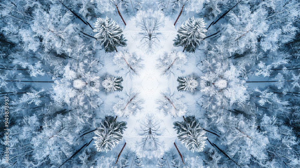 Leinwandbilder aerial view of a snowy forest creating a beautiful symmetrical image that looks like a kaleidoscope