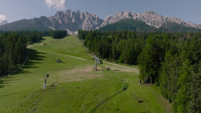 Funicular in San Candido Croda dei Baranci. Birkenkofel on the Dolomites range, Innichen, Trentino, South Tyrol, Italy.