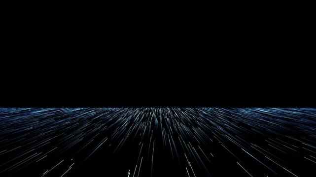 Podium in the form of a plane of flying blue particle tracks on a black background. Abstract animation.