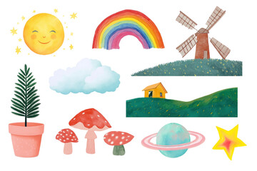 Naklejka premium PNG cute nature sticker illustration element set, transparent background