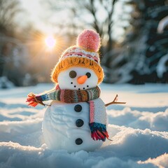 Little cute snowman in a knitted hat and scarf on snow on a sunny winter day
