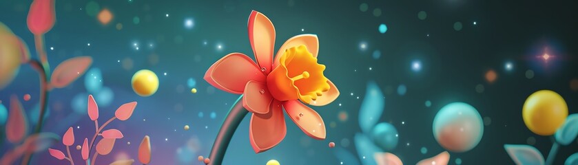 Cute daffodil character with Indian animals, floating in a galaxy, 3D style, flat design illustration