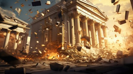Explosive destruction of a historic bank building with columns amidst smoke and debris in a dramatic afternoon setting