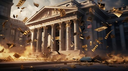 Bank building with columns engulfed in explosion, money scattered in the air during a dramatic moment of destruction