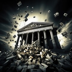 Impact of the banking collapse illustrating debris and bank structure amidst chaos in a dark atmosphere