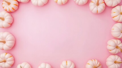 Obraz premium Autumn harvest frame of white pumpkins on pink background
