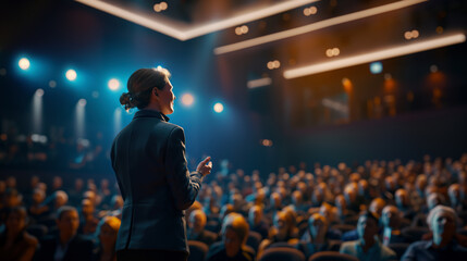 Businesswoman confidently speaking on stage, addressing an engaged audience about success, leadership, and productivity during a conference or business event