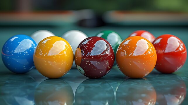 A close-up of billiard balls on a green felt table with a blurred background.