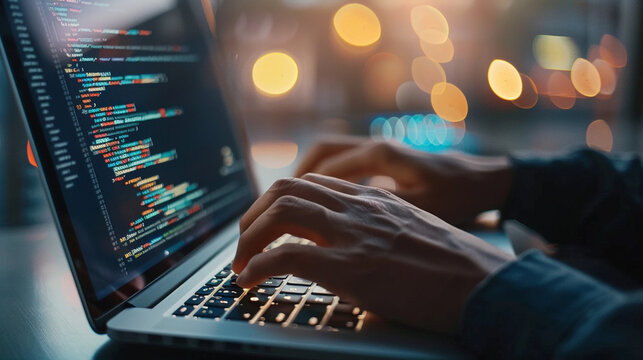 Close-up of a developer&acirc;s hands typing code on a laptop keyboard, with lines of code visible on the screen.