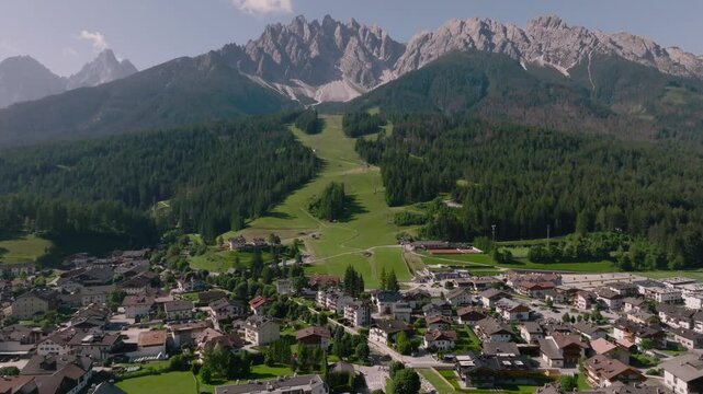San Candido Croda dei Baranci, Aerial View. Birkenkofel on the Dolomites range, Innichen, Trentino, South Tyrol, Italy.