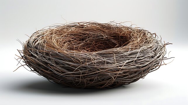 An empty bird's nest made of twigs, isolated on a white background.
