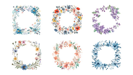 PNG watercolor flower frame element set, transparent background