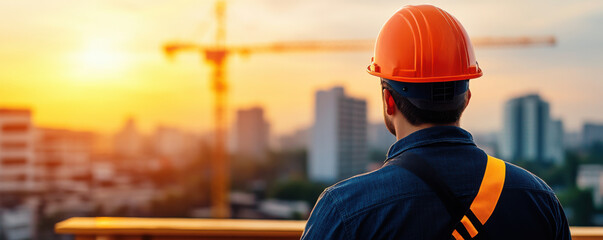A construction worker wearing a hard hat observes a cityscape at sunset, with cranes and buildings in the background.