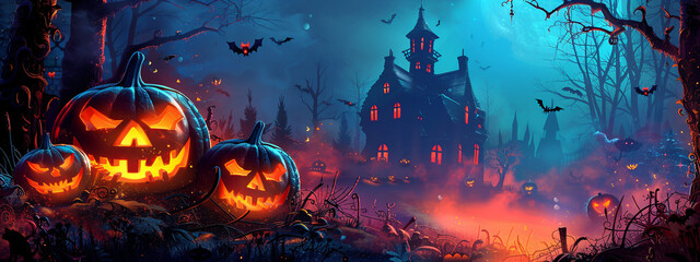 Halloween pumpkin bat with horror haunted house silhouette orange full moon dark black tree night autumn october celebration cemetery holiday, cartoon design castle evil background creepy hill grave
