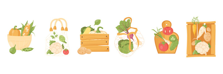 Seasonal vegetables in carob bags, boxes. Healthy food. A set of illustrations