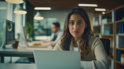 Focused Indian Businesswoman Analyzing Data on Laptop While Engaged in E-Learning Webinar