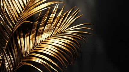 Fototapeta premium golden palm leaf, black background, leaf shadow