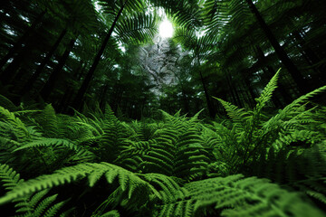 Fototapeta premium Sunlight Filtering Through Lush Fern Forest