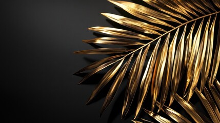 Fototapeta premium golden palm leaf, black background, leaf shadow