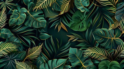 Luxury Nature green background vector. Floral pattern, Tropical plant line arts, Vector illustration