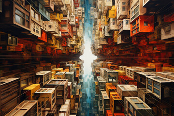 Fototapeta premium Futuristic Cityscape: Suspended Buildings and Geometric Patterns