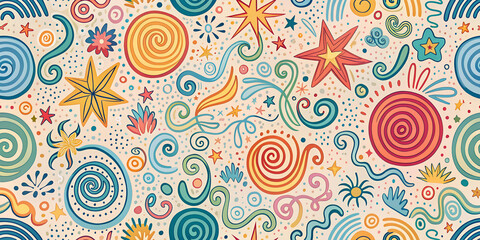 Fototapeta premium A background filled with colorful, hand-drawn shapes like spirals, squiggles, stars, and wavy lines, AI generated