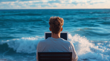 Fototapeta premium The ocean waves crash in the background as a digital nomad types away, embodying freedom, creativity, and connection to nature. Creation, Freedom, Creativity, Work for Society