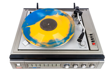 Fototapeta premium Vintage turntable record player with blue and orange vinyl isolated on white background.