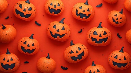 A collection of Jack-o'-lantern pumpkins with various smiling expressions arranged on a vibrant orange backdrop, ideal for a lively and fun Halloween atmosphere.