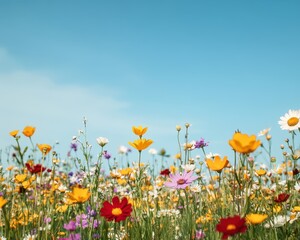 Wildflower meadow with vibrant colors under a clear blue sky, emphasizing natural beauty and tranquility, nature, wildflowers, serenity