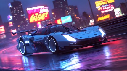 Fototapeta premium Rendering of a Futuristic Racing Car on a Neon Lit Night Track with City Skyline