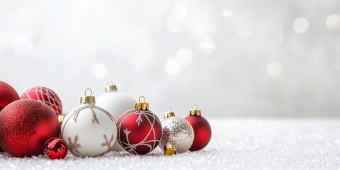 Christmas ornaments sparkling on a glittering silver background