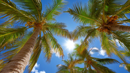 Fototapeta premium Palm trees sway as the nomad works under the shade, showing resilience, adaptability, and connection to unique environments. Creation, Freedom, Care, Work for Society