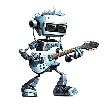 robot playing guitar, silver, cartoon style