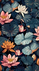 vintage water lily plants pattern illustration poster background