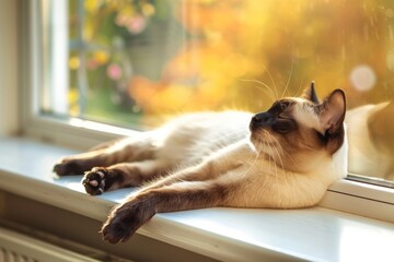 A Siamese cat comfortably sprawled on a window sill, soaking up the sun and gazing outside, A graceful Siamese cat stretching out on a windowsill, AI generated