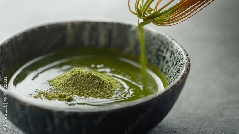 Wall mural a bowl of vibrant green matcha tea with some powder on top, and a bamboo whisk suspended above, drip