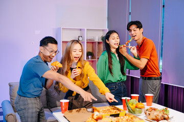 Celebration with friends enjoying food, drinks, and laughter at a lively house party. Perfect for themes of joy