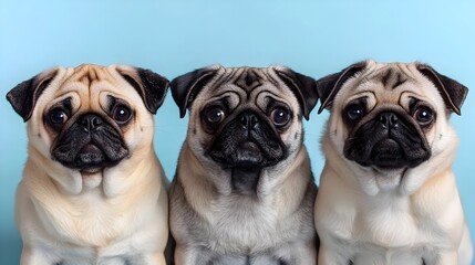 Trio of Adorable Pugs in a Minimalist Pale Blue Studio Portrait