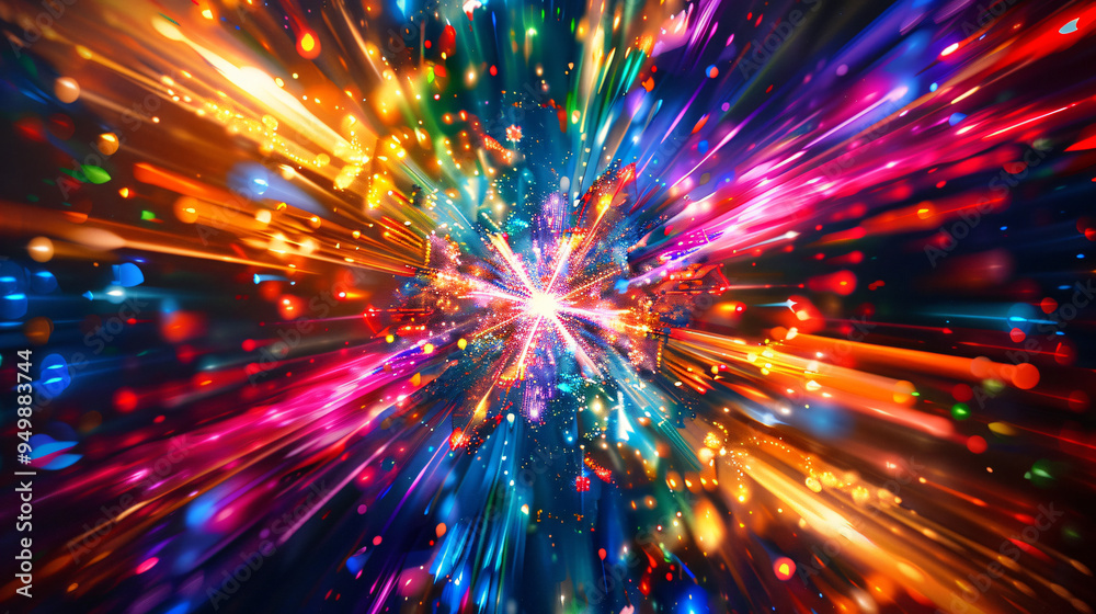 Poster vibrant multicolored light trails bursting from a brilliant central light source