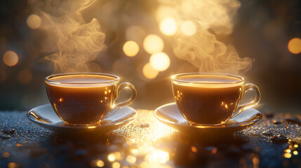 Obraz premium Coffee steams beside them as they share experiences with the world, blending work with passion and creativity. Creation, Creativity, Culture, Service to People