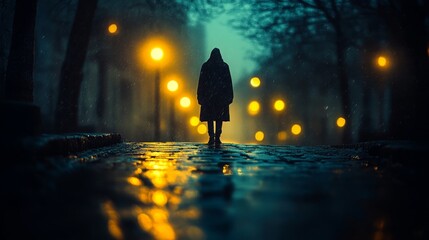 A solitary figure stands at the end of a cobblestone street, illuminated by scattered streetlights in the foggy night. The atmosphere is eerie and contemplative.