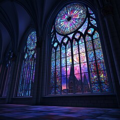 Gothic cathedral with stained glass windows, moonlit night, 3D illustration