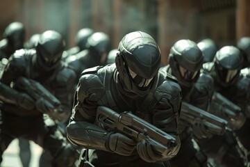 A group of robots walking together along a city street, showcasing their metallic bodies and advanced designs, A group of bio-engineered soldiers with enhanced strength and agility, AI generated