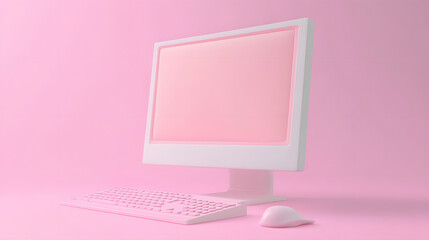 Pastel Pink Computer on solid pastel background, 3d illustration of a screen isolated on pink background. Minimal design for technology of developers