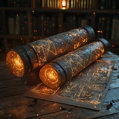 Ancient scrolls with glowing runes, resting on a wooden table in a library setting.