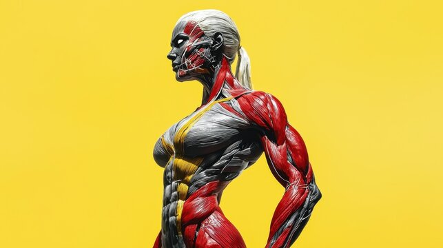 ealistic photo full color dramatic of female X-Men mutant heavily annotated bulging sweating muscles